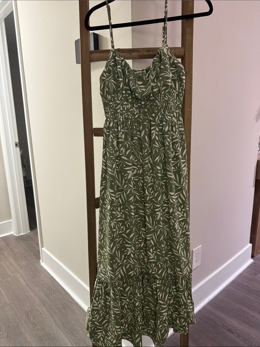 Inspired Hearts Olive Green Leaf-Print Smocked Maxi Dress